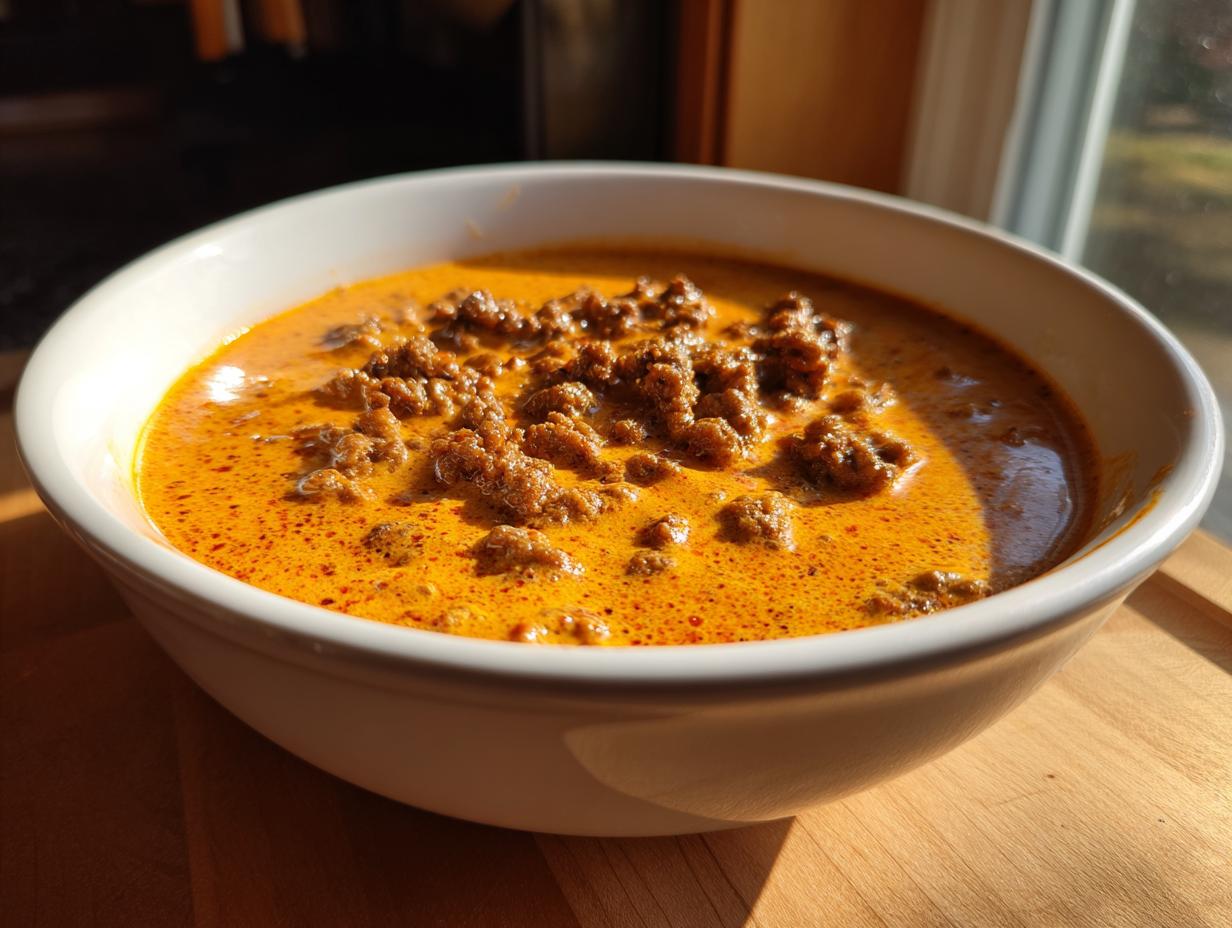 Close-up of a white bowl filled with creamy, orange rotel dip topped with seasoned ground beef.
