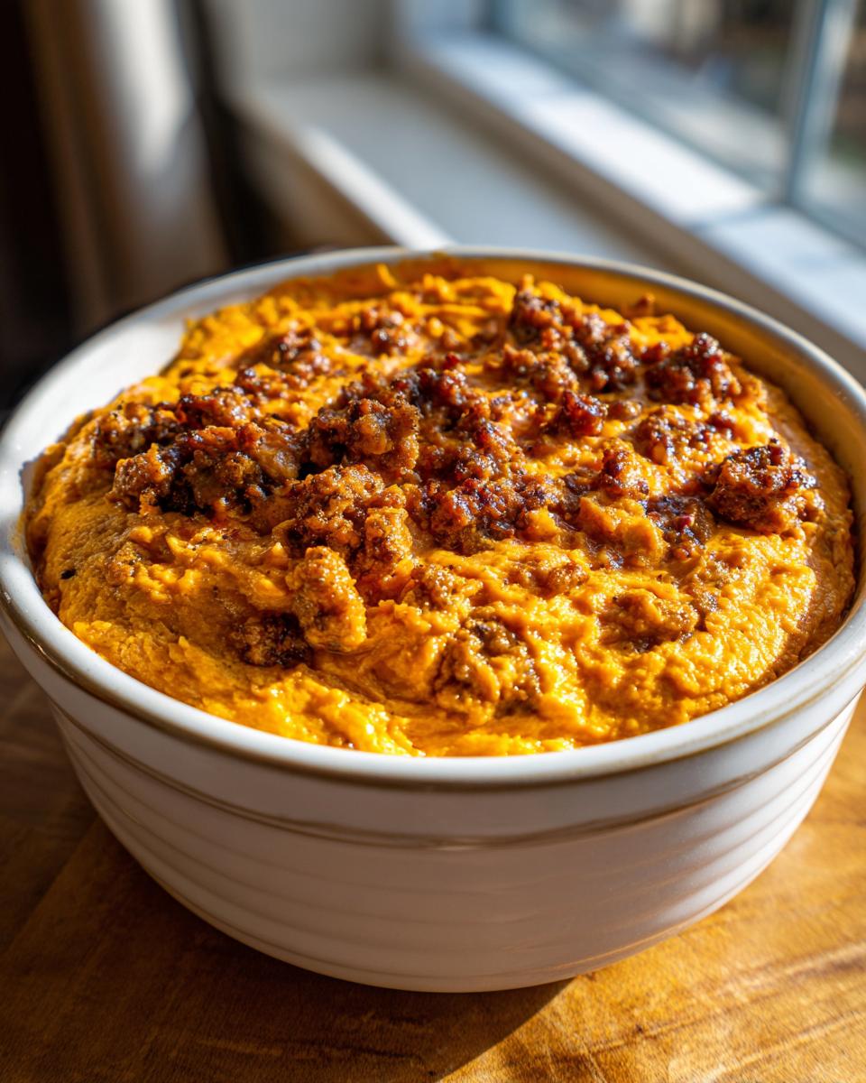 A close-up of a creamy, orange rotel dip topped with browned, crumbled sausage in a white baking dish.