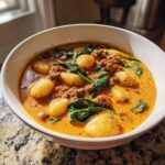 A close-up of a hearty bowl of creamy sausage gnocchi soup with wilted spinach.