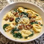 A close-up of a bowl of creamy sausage tortellini soup, featuring tortellini, crumbled sausage, spinach, and grated Parmesan cheese.