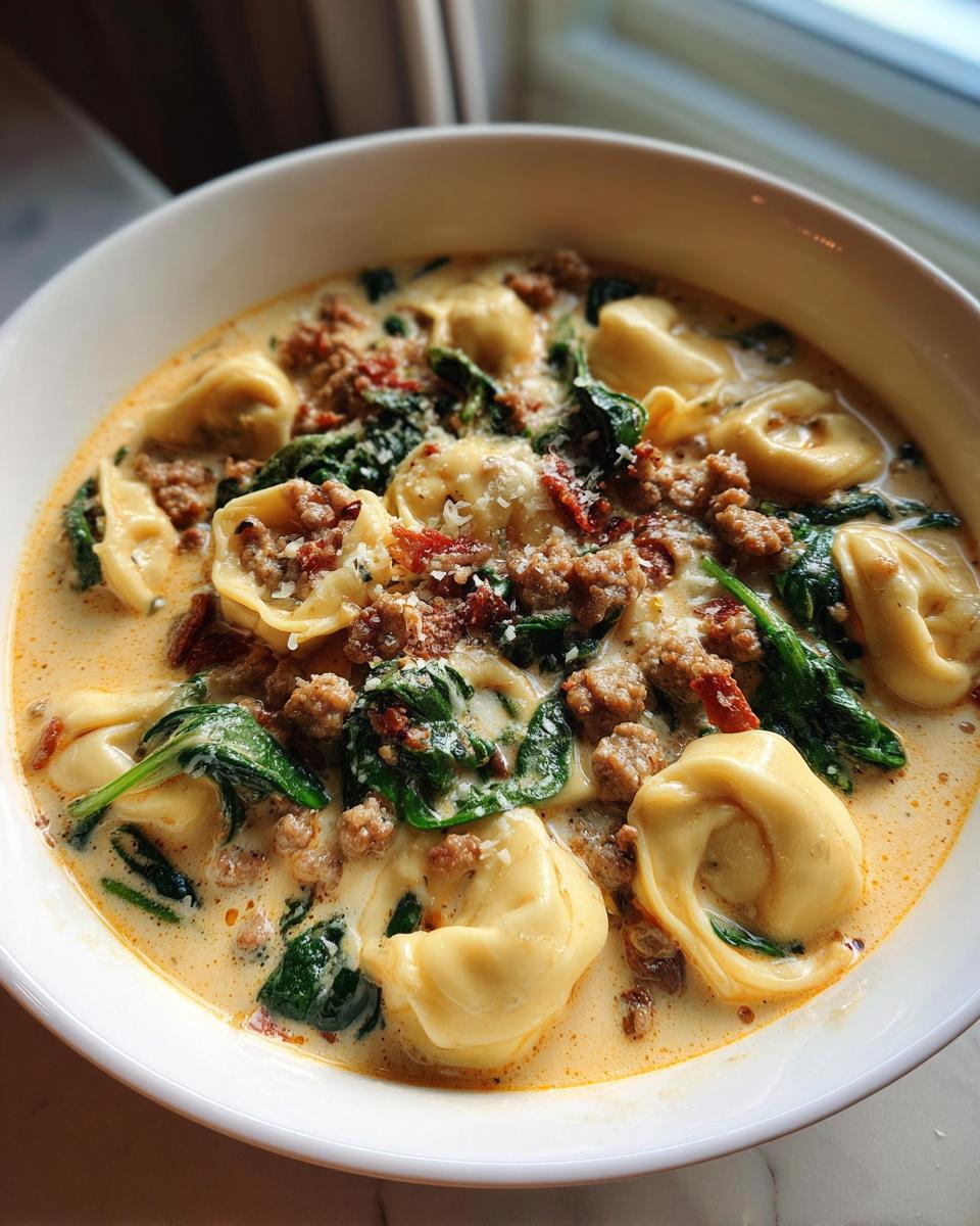 Close-up of a white bowl filled with creamy sausage tortellini soup, featuring cheese tortellini, crumbled sausage, and wilted spinach.