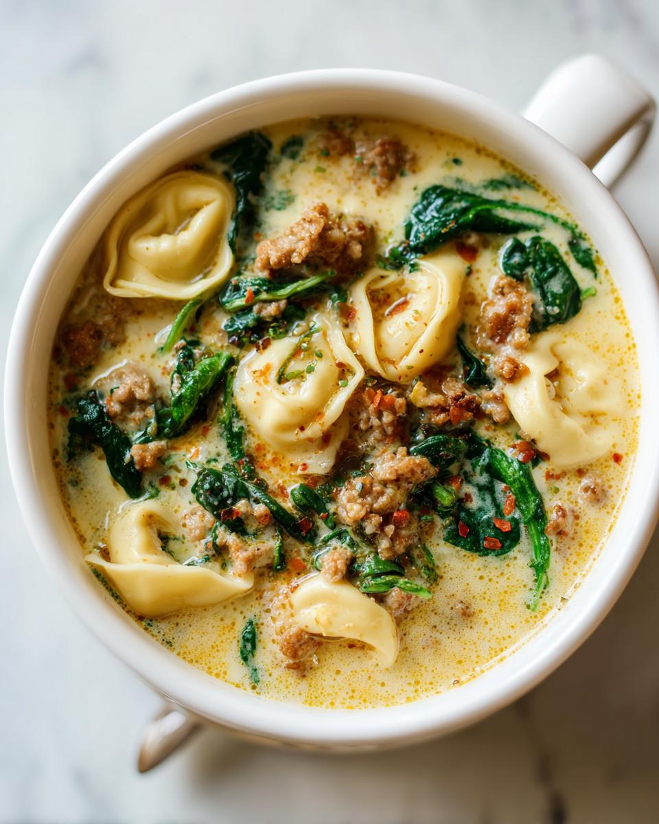 Overhead view of a white bowl filled with creamy sausage tortellini soup, featuring tortellini, crumbled sausage, and spinach.