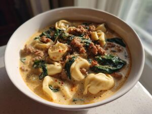 A close-up of a white bowl filled with creamy sausage tortellini soup, featuring tortellini, ground sausage, and spinach.