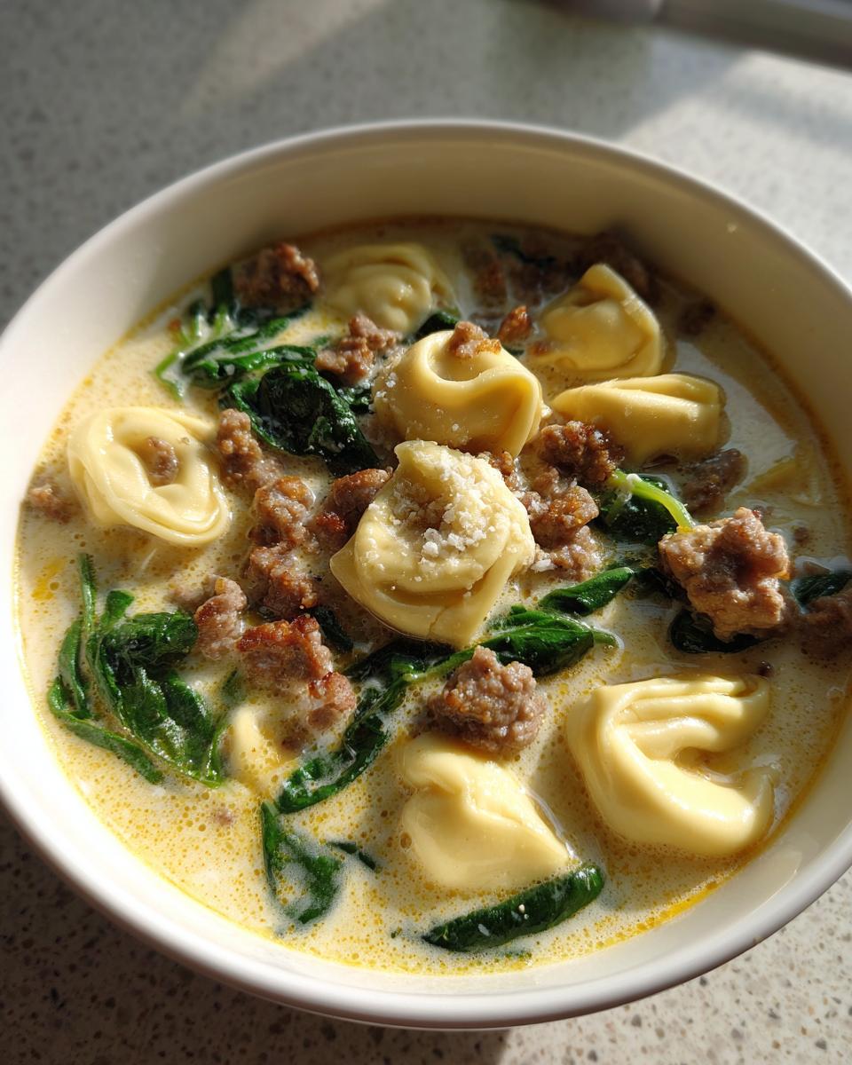 A close-up of a bowl of creamy sausage tortellini soup, featuring tortellini, crumbled sausage, and wilted spinach.