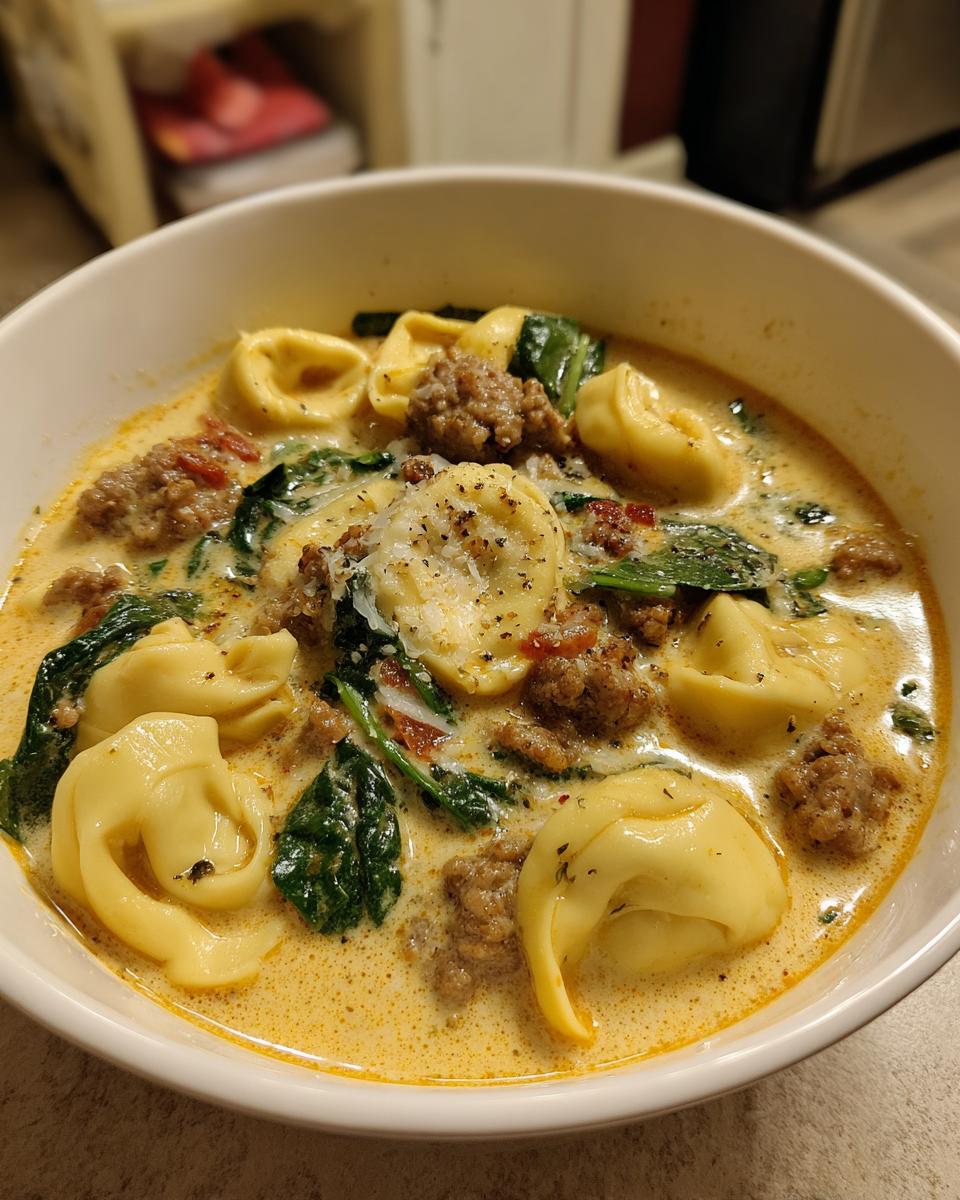 Close-up of a white bowl filled with creamy sausage tortellini soup, featuring tortellini, ground sausage, and wilted spinach.