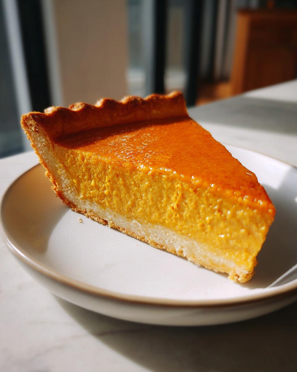 A close-up of a single, creamy slice of vegan pumpkin pie on a light-colored plate.