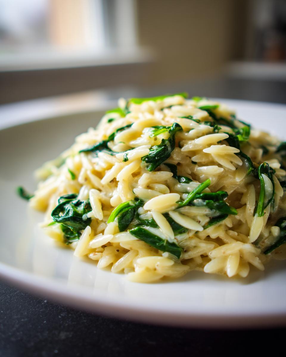 Close-up of creamy orzo pasta mixed with wilted green spinach leaves served on a white plate.