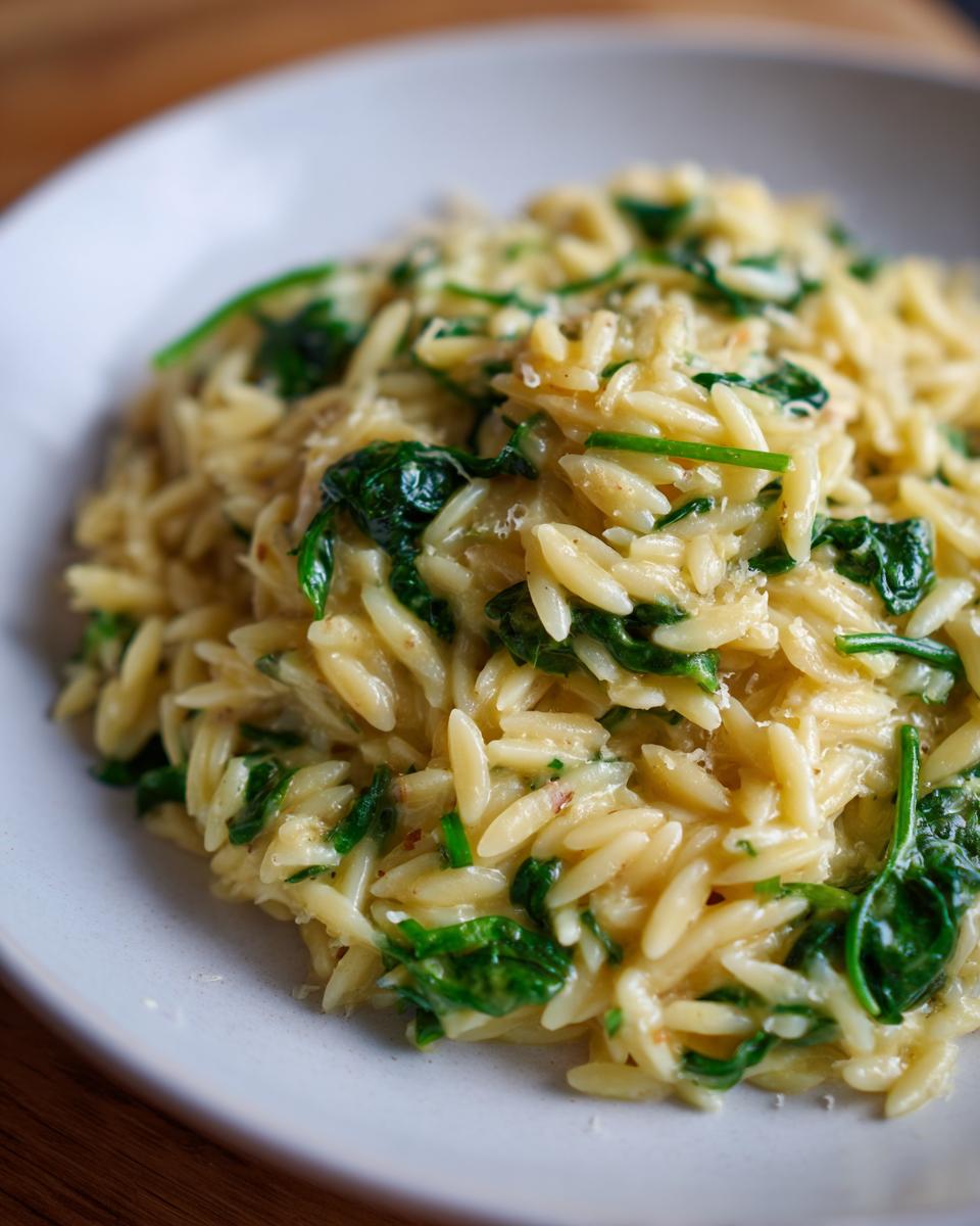 Close-up of creamy orzo pasta mixed with wilted spinach and Parmesan cheese.