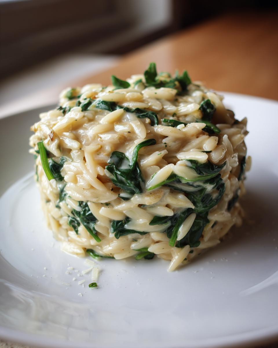 A molded serving of creamy orzo pasta mixed with wilted spinach, garnished with parsley.