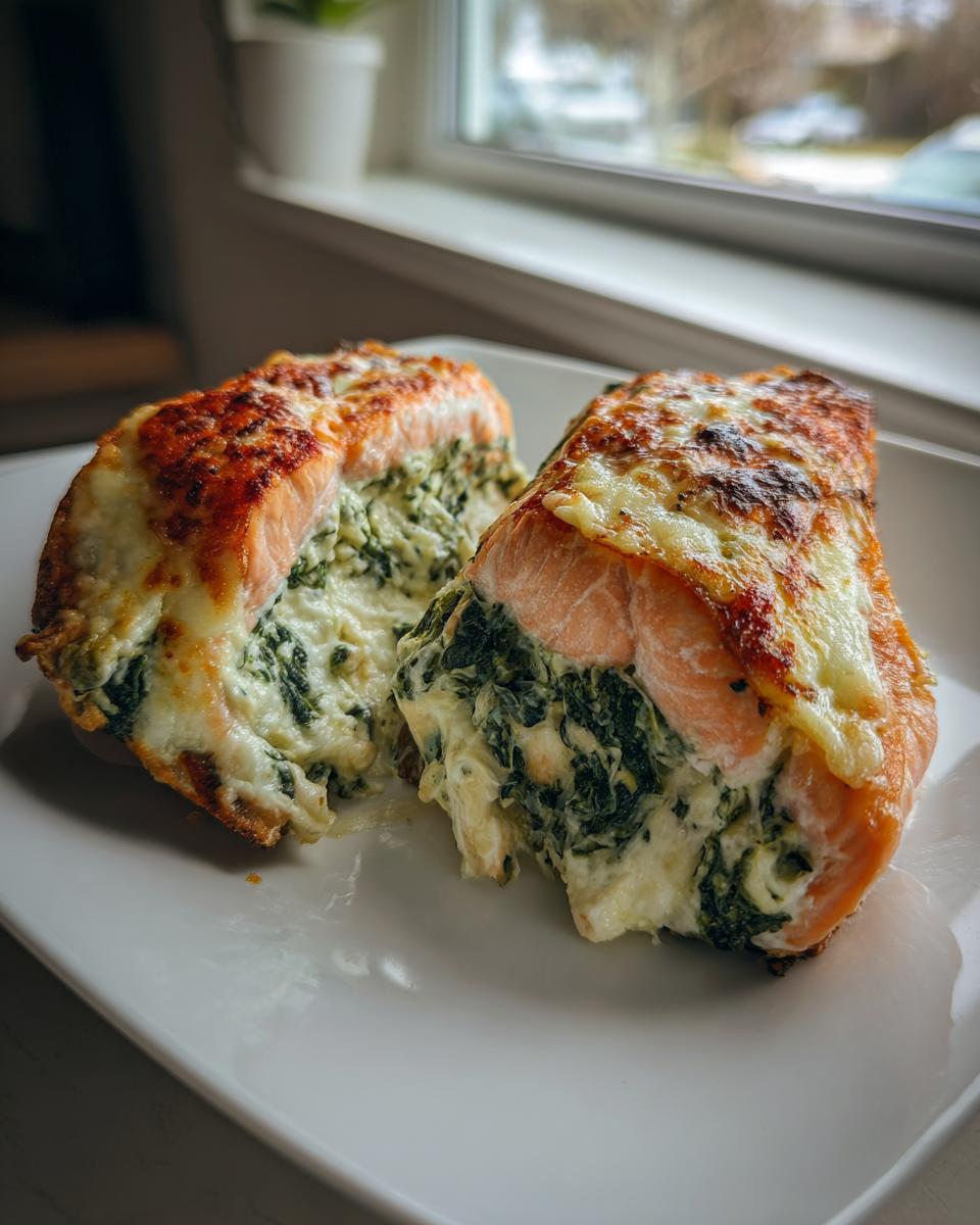 Two halves of baked stuffed salmon, showing creamy spinach filling and melted, browned cheese topping.