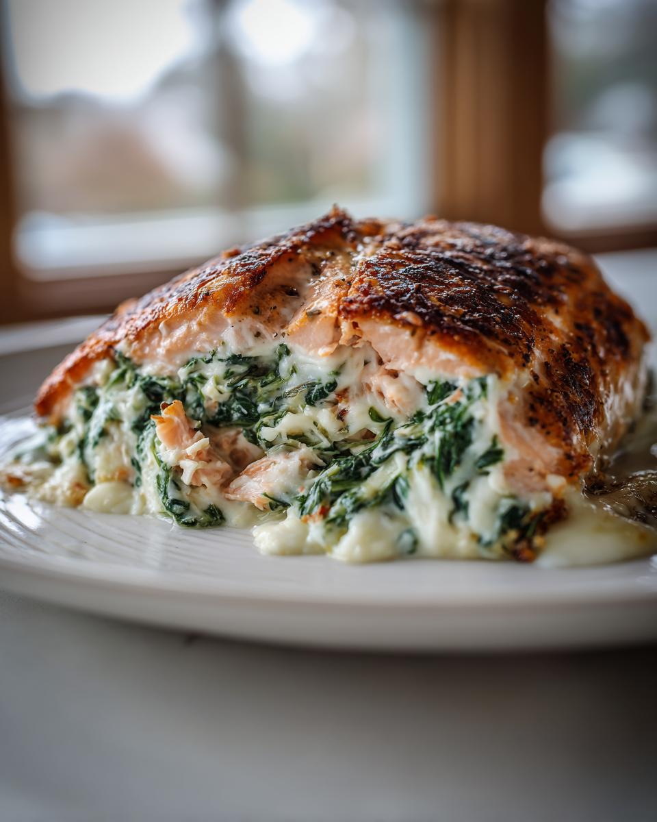 A perfectly cooked piece of stuffed salmon showing a creamy spinach filling spilling out onto a white plate.