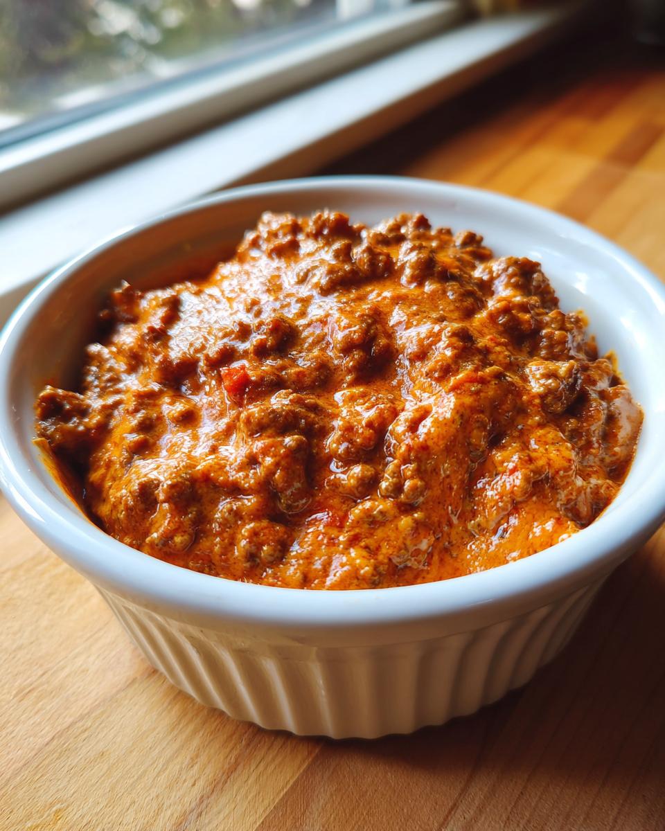 A close-up of hot, cheesy rotel dip with ground meat served in a white ramekin.