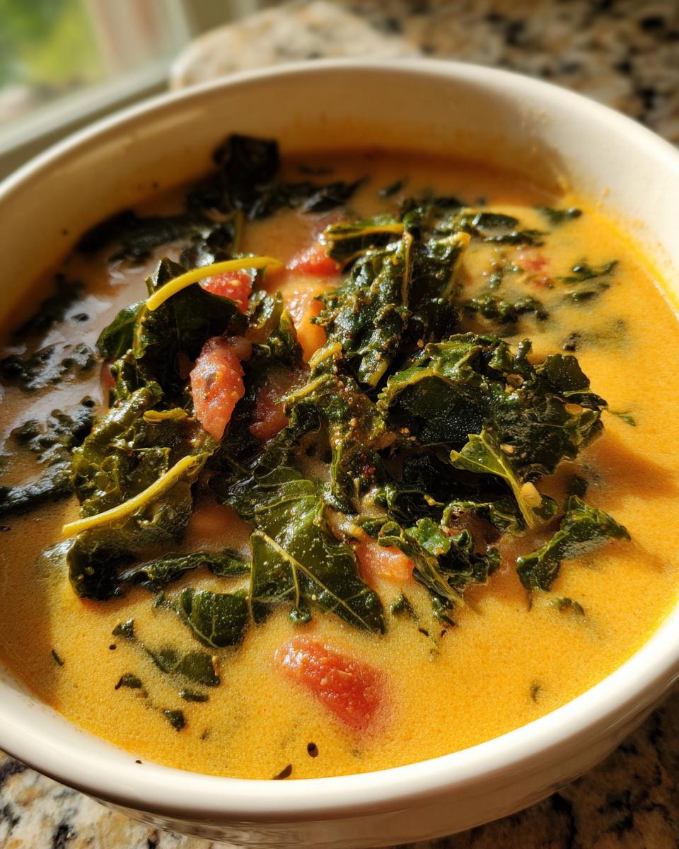 Close-up of a bowl of creamy Tuscan white bean soup topped generously with dark green kale and chunks of red tomato.