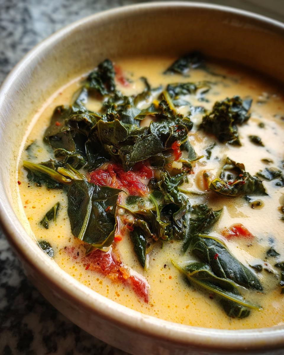 Close-up of creamy Tuscan white bean soup featuring dark green kale leaves and chunks of red tomato.