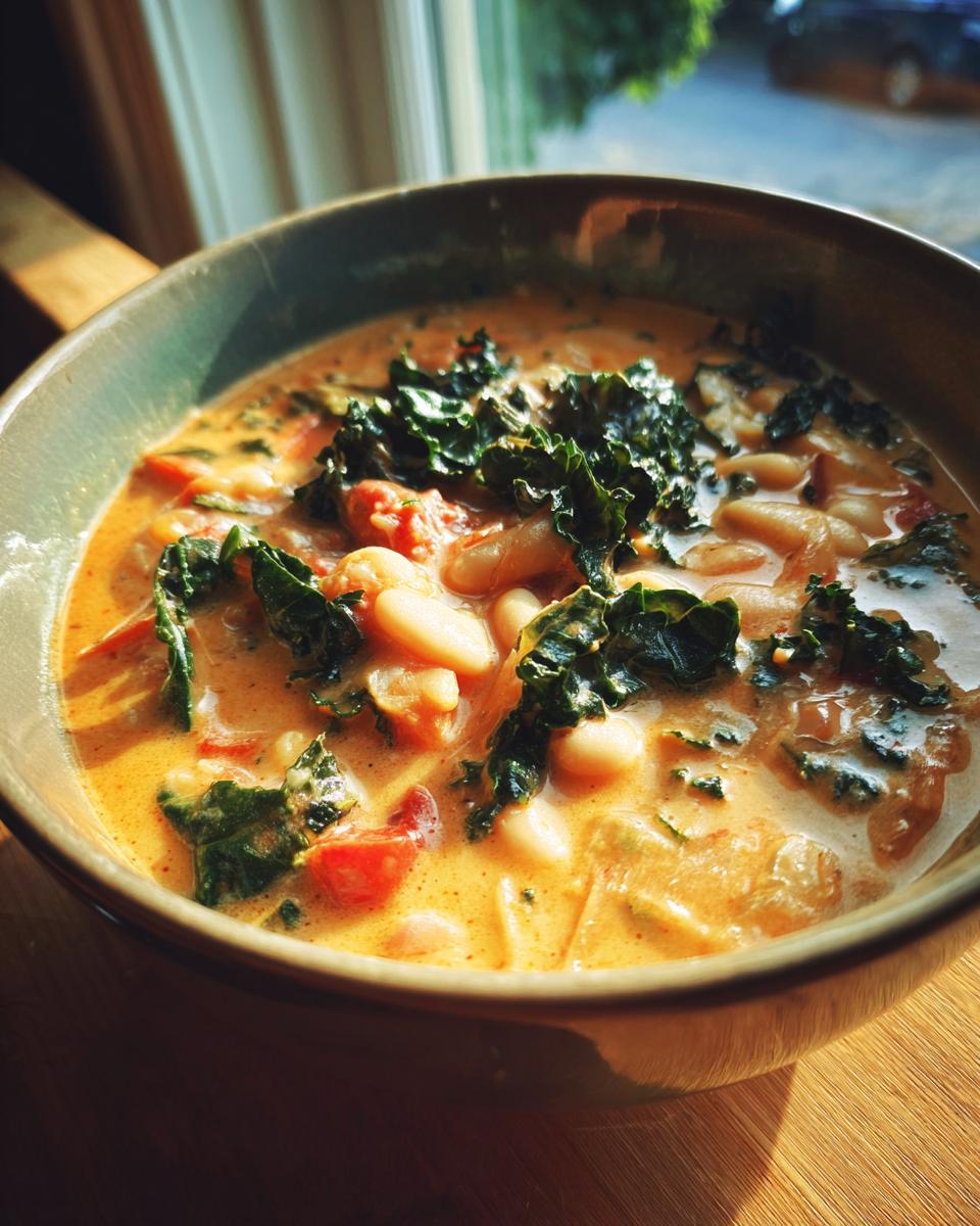 Close-up of a bowl of creamy Tuscan white bean soup topped with wilted kale and diced tomatoes.