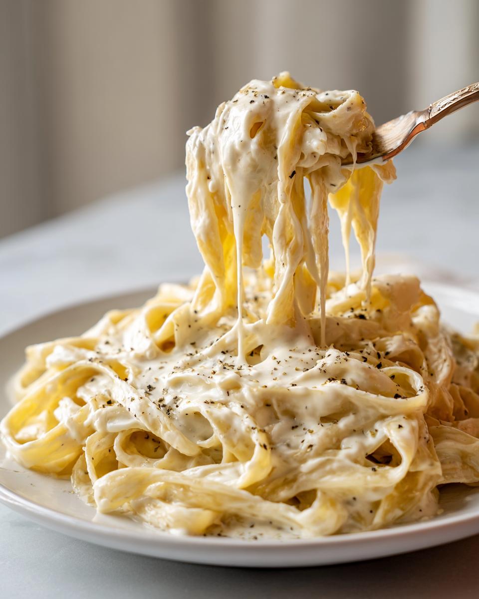 A fork lifting fettuccine noodles generously coated in creamy vegan alfredo sauce, sprinkled with black pepper.