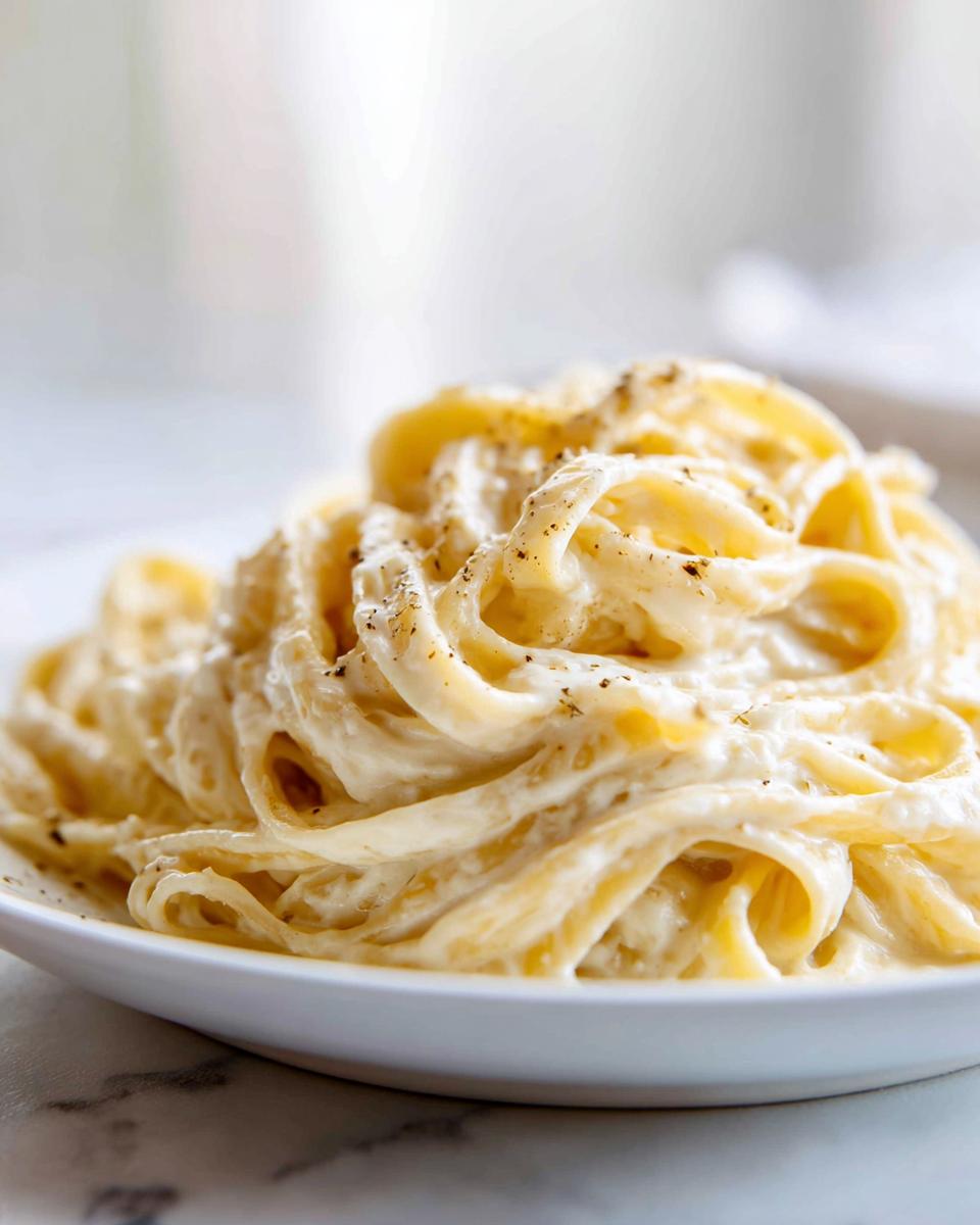 Close-up of fettuccine pasta generously coated in a rich, creamy vegan alfredo sauce and sprinkled with black pepper.