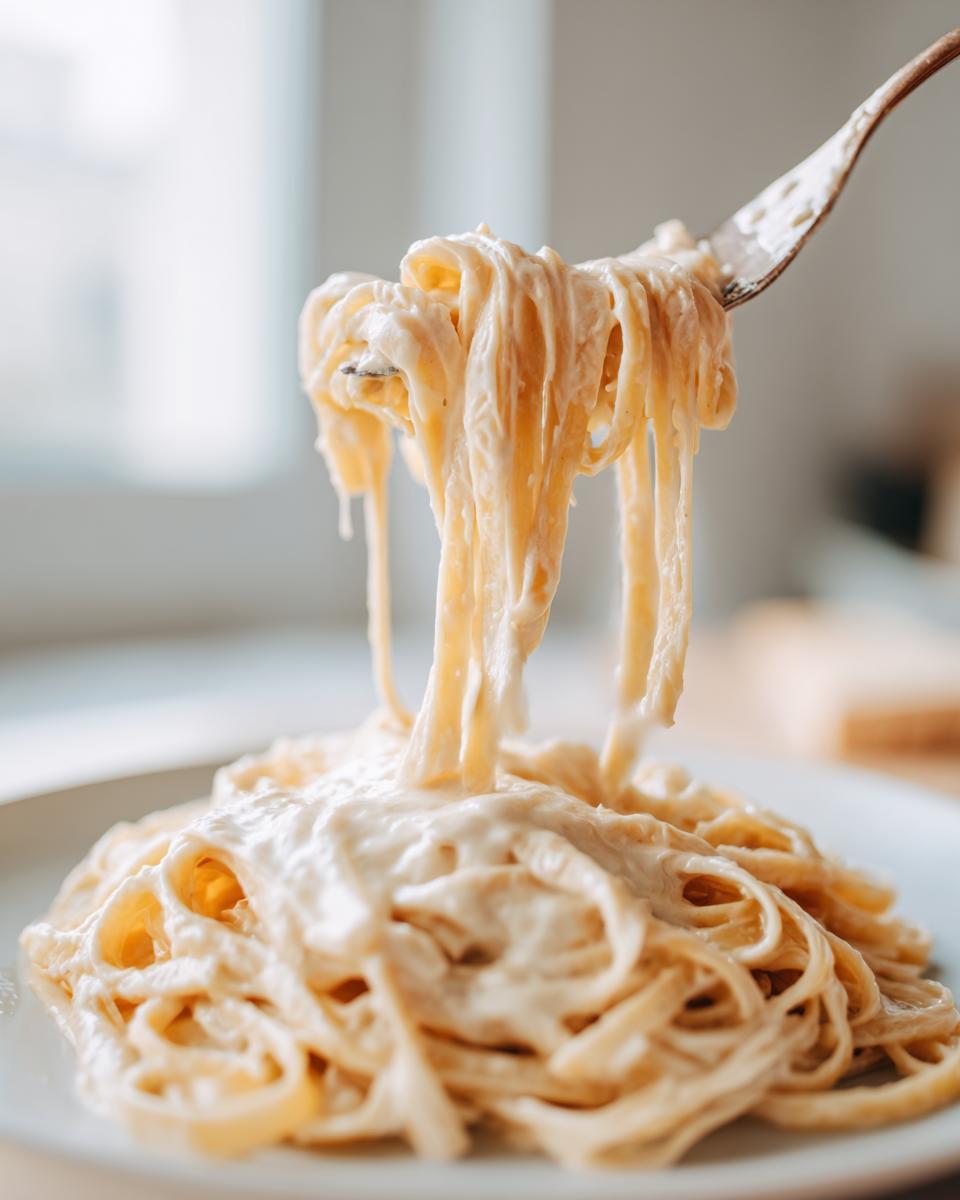 A fork lifting fettuccine noodles coated in rich vegan alfredo sauce from a plate.