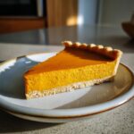 A close-up, sunlit slice of creamy vegan pumpkin pie with a textured crust on a light plate.