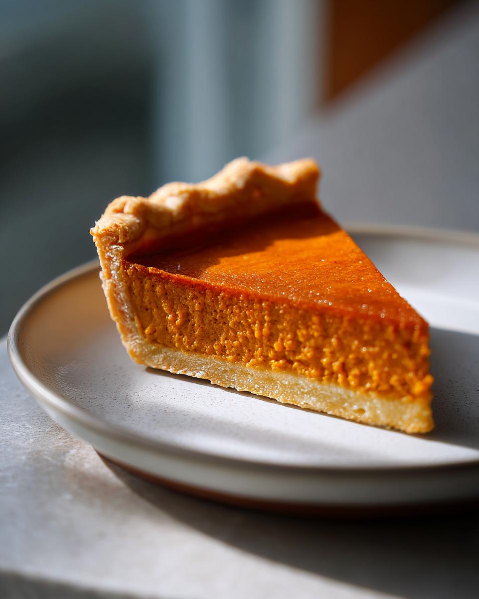 A close-up, sunlit slice of creamy vegan pumpkin pie with a golden crust on a speckled plate.