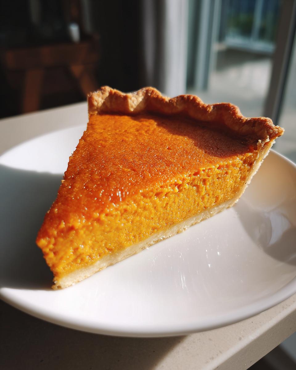 A perfectly baked slice of creamy vegan pumpkin pie resting on a white plate, highlighted by sunlight.
