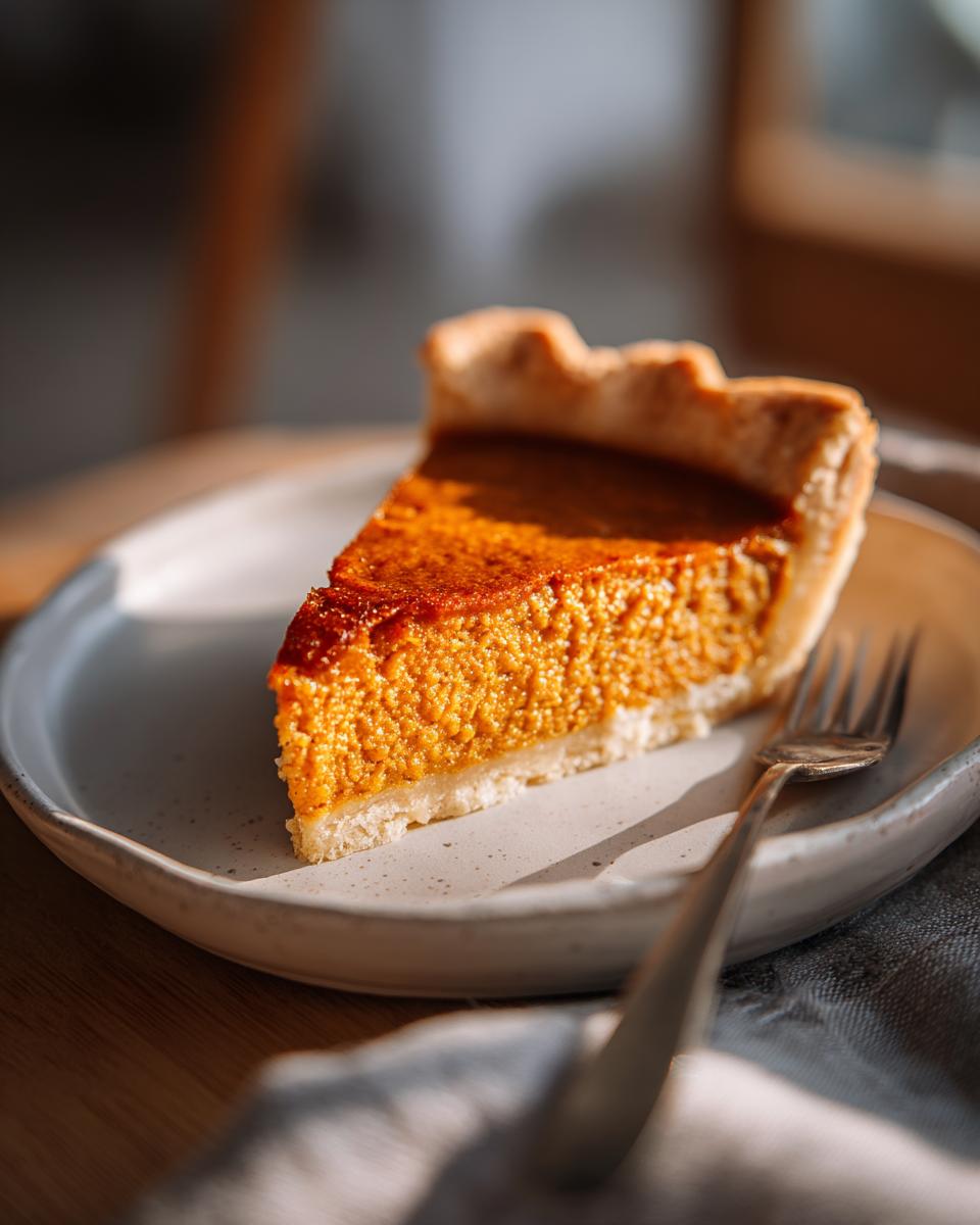 A perfect slice of creamy vegan pumpkin pie resting on a speckled plate with a fork nearby.