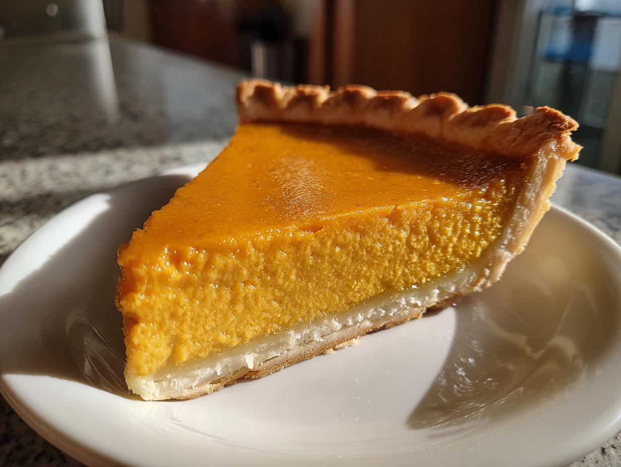 A close-up of a thick, creamy slice of vegan pumpkin pie resting on a white plate, bathed in sunlight.