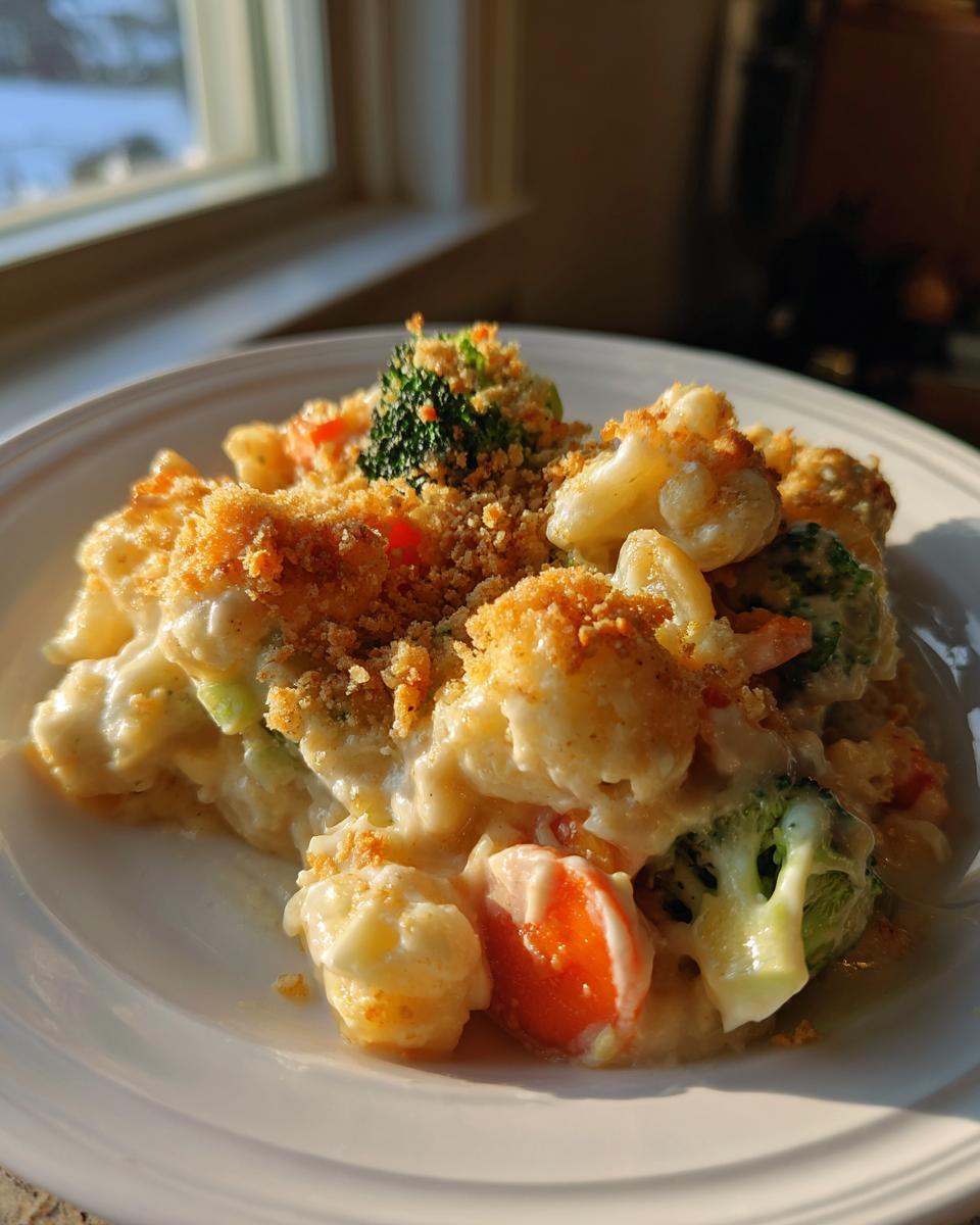 A serving of creamy vegetable casserole featuring broccoli, cauliflower, and carrots, topped with golden breadcrumbs.