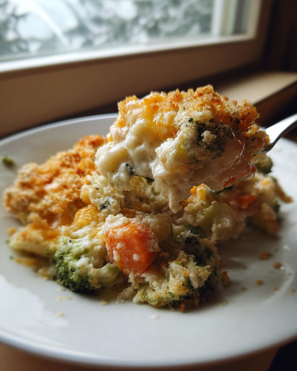 A fork lifts a creamy, cheesy scoop of vegetable casserole featuring broccoli and carrots, topped with golden breadcrumbs.