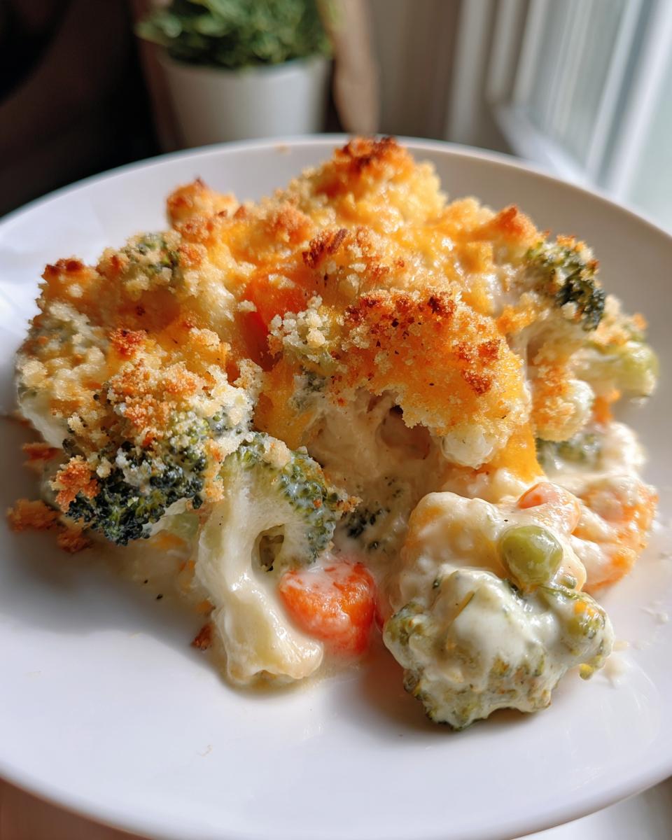 A scoop of creamy vegetable casserole featuring broccoli, carrots, and peas, topped with a golden, cheesy, crunchy topping.