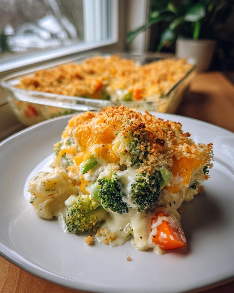 A close-up serving of creamy vegetable casserole featuring broccoli, cauliflower, and carrots, topped with melted cheddar and crispy breadcrumbs.