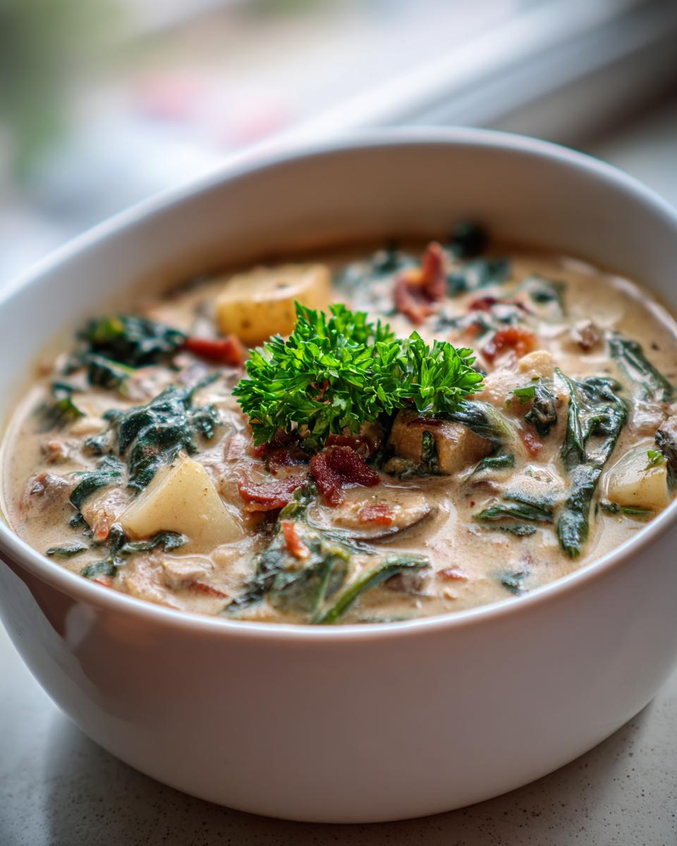 A close-up of a creamy white bean mushroom stew, featuring spinach, potatoes, and topped with parsley.