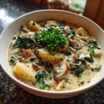 A close-up of creamy white bean mushroom stew featuring potatoes, spinach, and a parsley garnish.