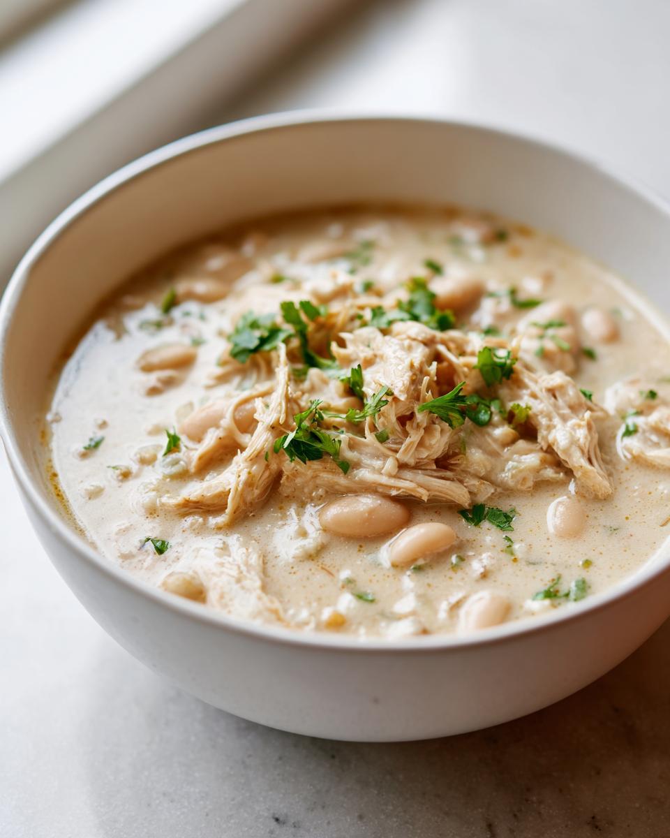 Close-up of a white bowl filled with creamy white chicken chili, featuring shredded chicken, white beans, and fresh cilantro garnish.