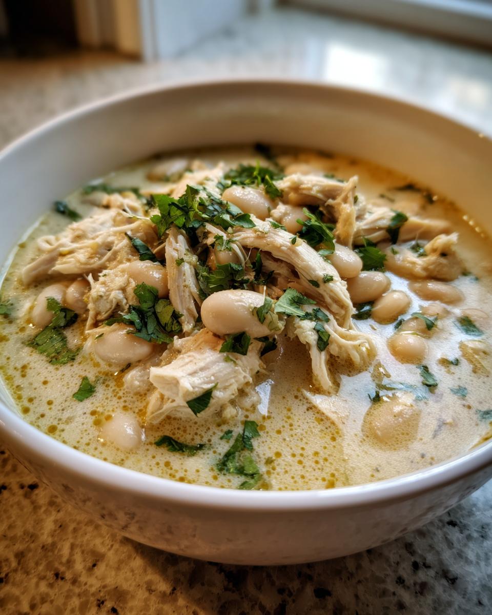 Close-up of a white bowl filled with creamy white chicken chili, featuring shredded chicken, white beans, and fresh cilantro.