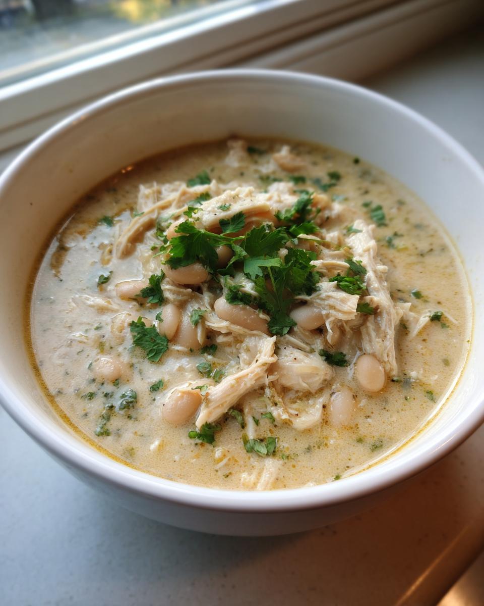 Close-up of a white bowl filled with creamy white chicken chili, featuring shredded chicken, white beans, and fresh cilantro.