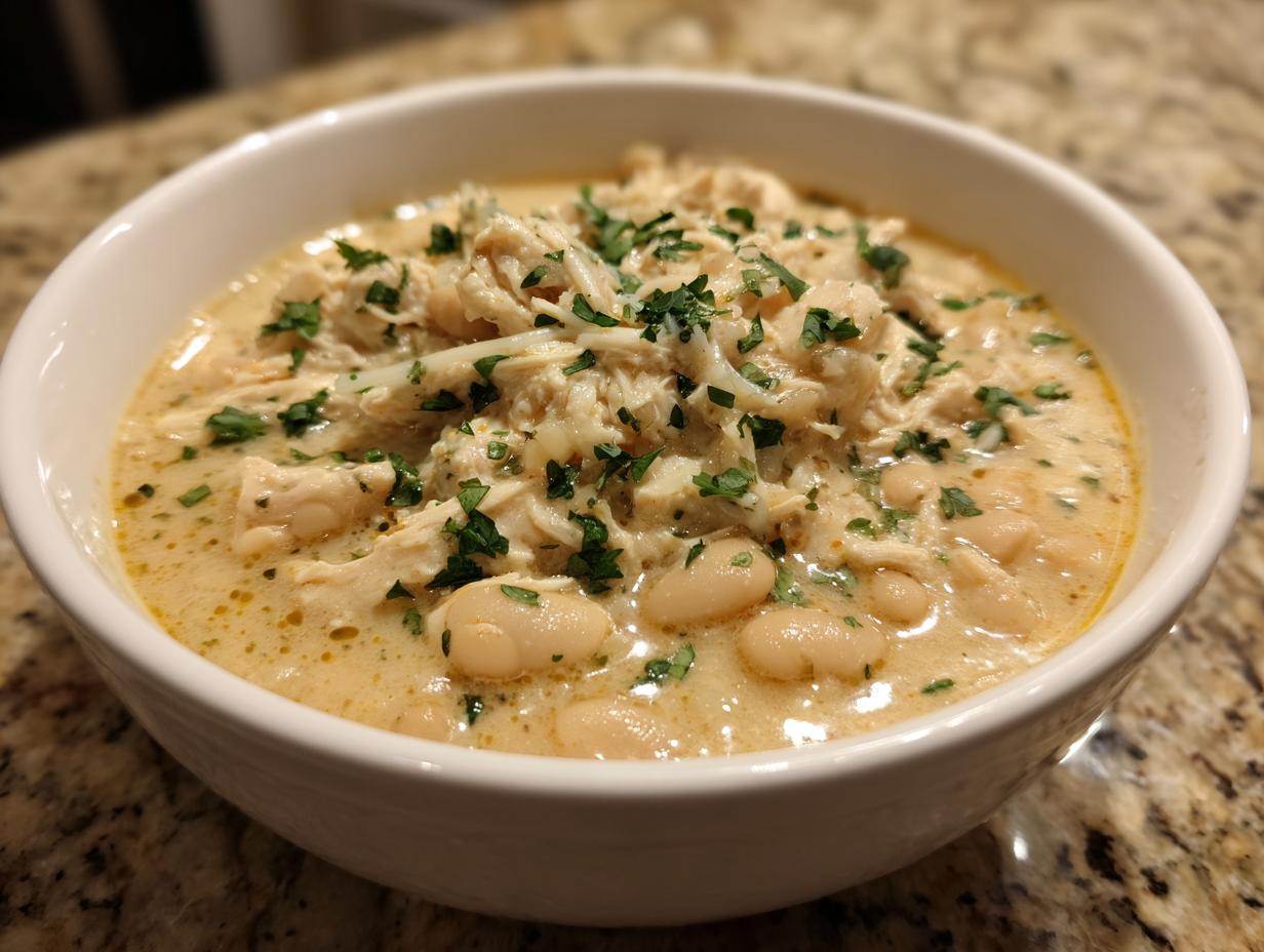 A close-up of a white bowl filled with creamy white chicken chili, featuring shredded chicken, white beans, and a parsley garnish.