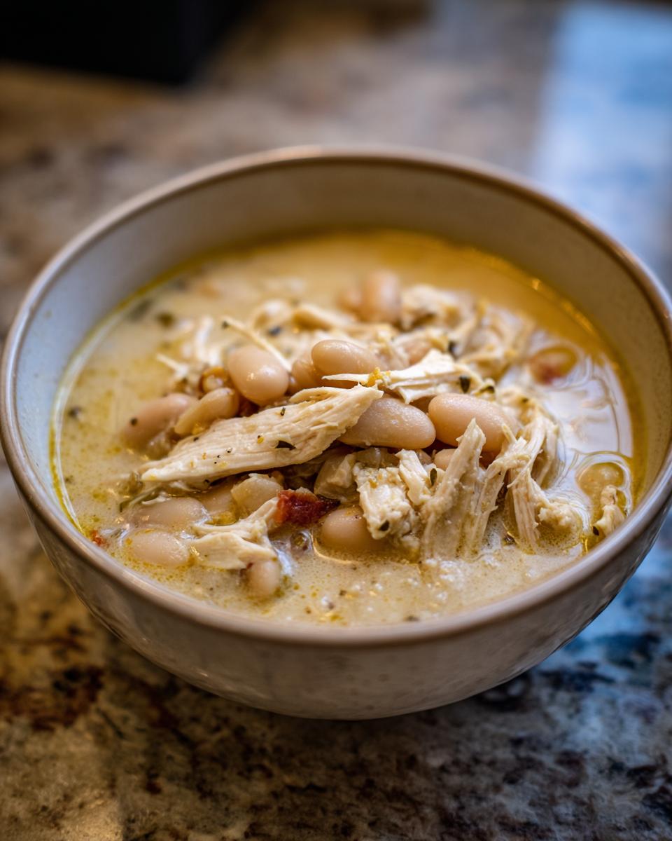 Close-up of a creamy white chicken chili recipe featuring shredded chicken and white beans in a light broth.