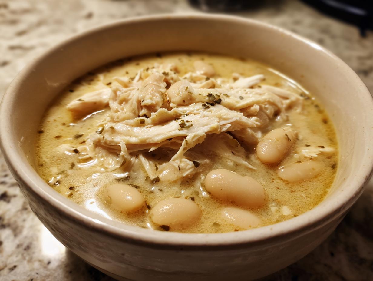 Close-up of a creamy white chicken chili recipe featuring shredded chicken and white beans in a light broth.