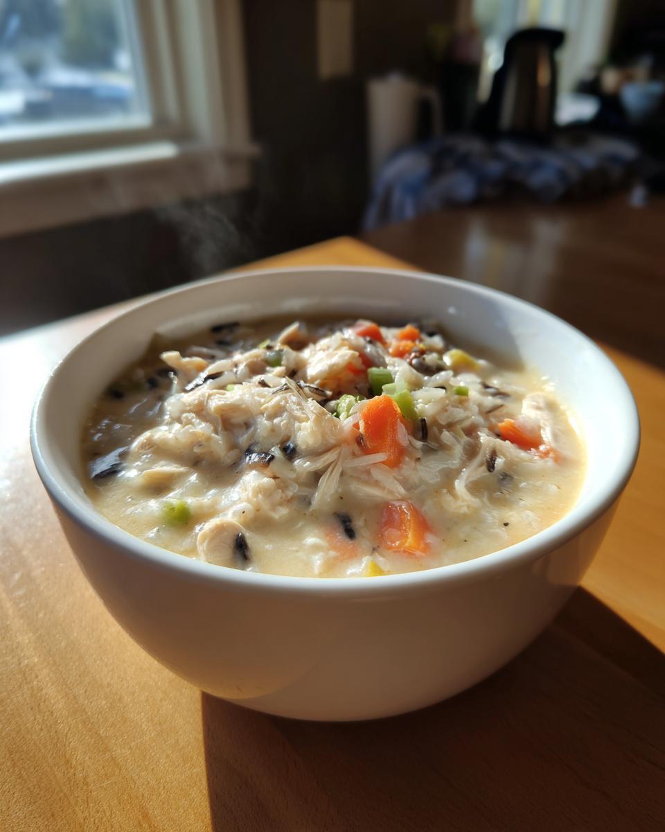 A steaming white bowl filled with creamy wild rice soup, featuring chunks of chicken, carrots, and celery.