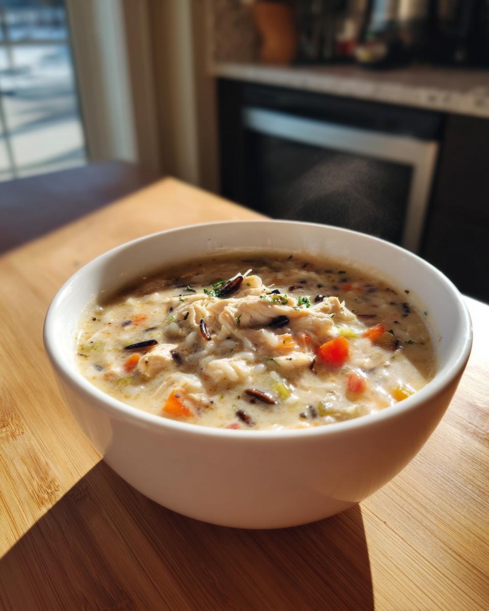 A steaming white bowl filled with creamy wild rice soup featuring shredded chicken and diced vegetables.