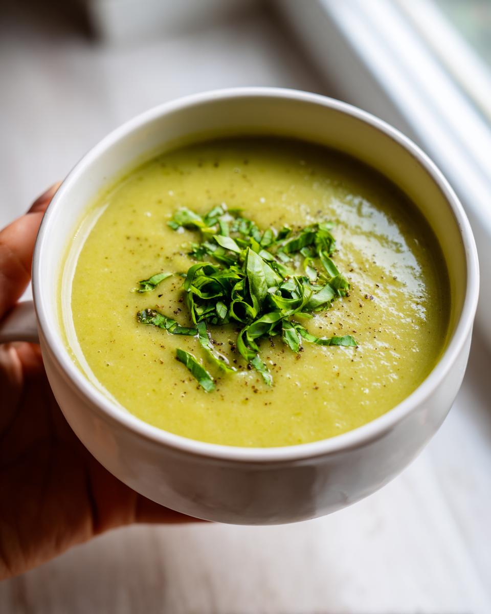 Close-up of a bowl of creamy green zucchini soup topped with fresh chopped herbs and black pepper.