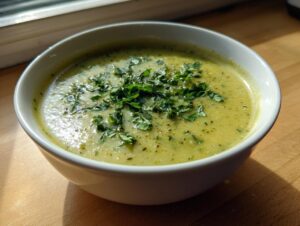 Close-up of a bowl of creamy, light green zucchini soup topped with fresh chopped parsley.