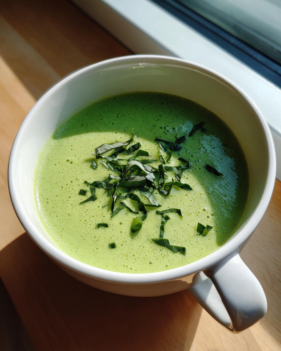 A vibrant, creamy green zucchini soup served in a white mug, topped with fresh chopped herbs.