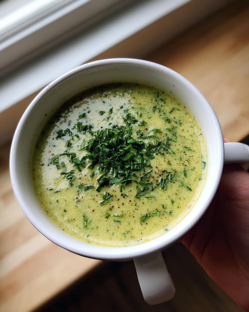 Overhead view of a creamy, light green zucchini soup in a white mug, topped with fresh chopped herbs and black pepper.