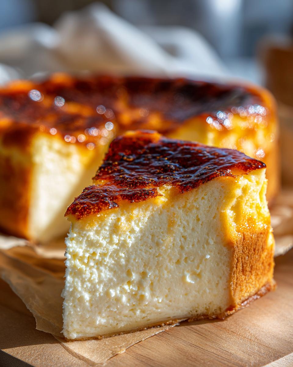 A thick slice of creamy creme brulee cheesecake featuring a deeply caramelized, torched top.