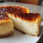 A thick slice of creamy creme brulee cheesecake showing the caramelized sugar top and graham cracker crust.