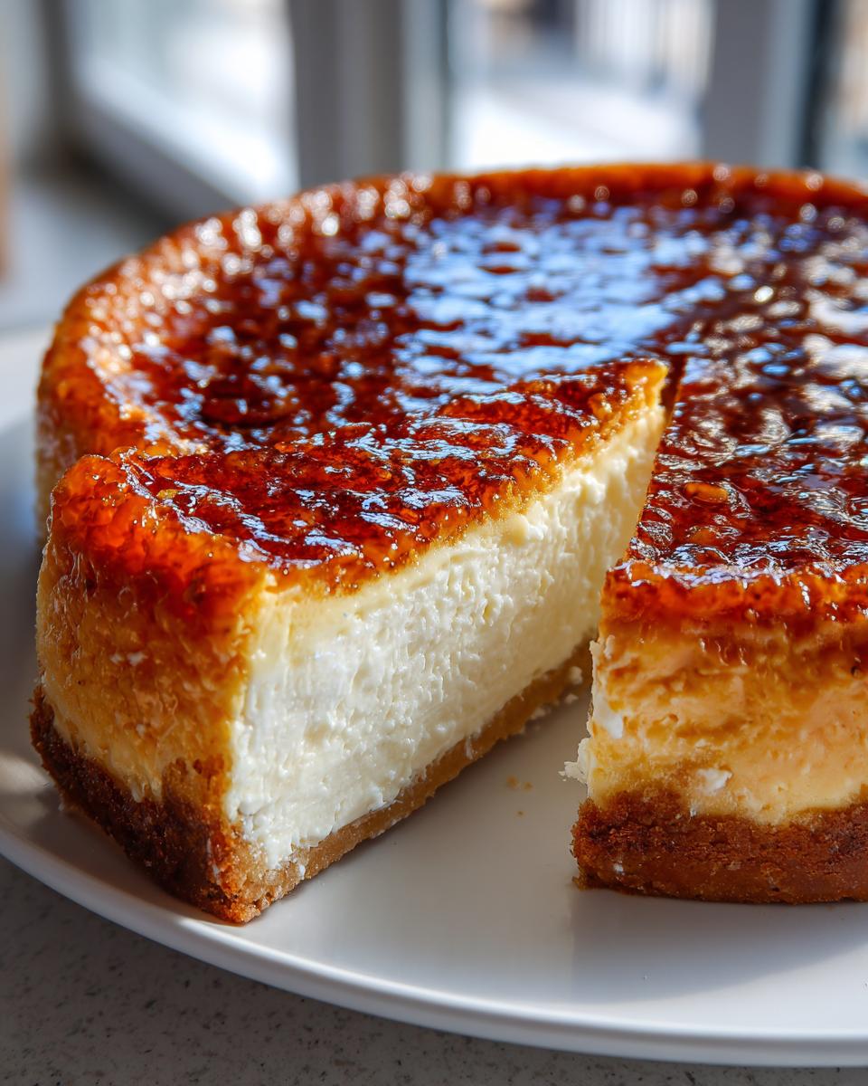A rich, creamy slice of creme brulee cheesecake with a glossy, caramelized sugar topping.