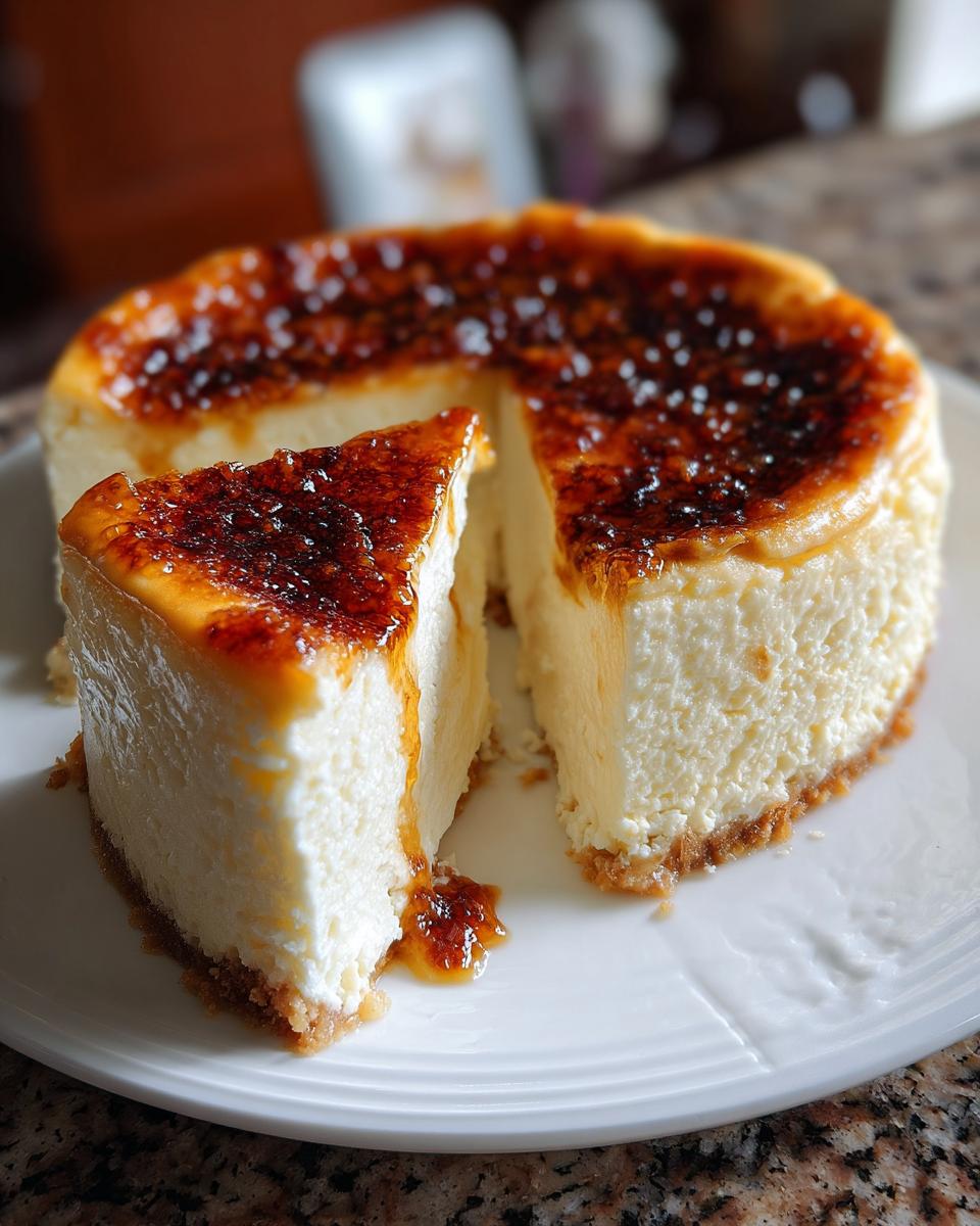 A slice of rich creme brulee cheesecake with a caramelized sugar top, served on a white plate.