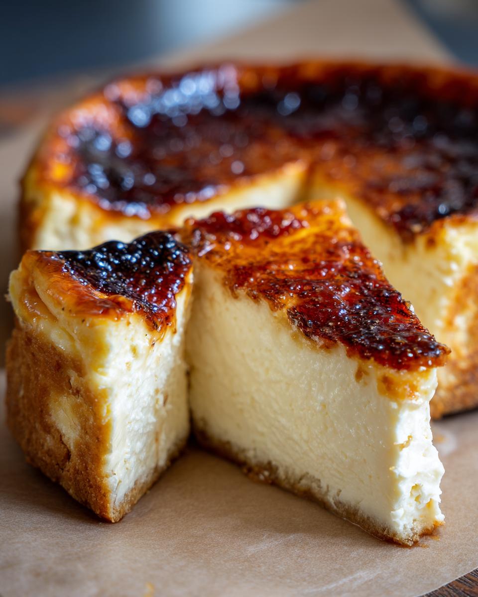 Two slices of creamy creme brulee cheesecake with a dark, caramelized sugar top.